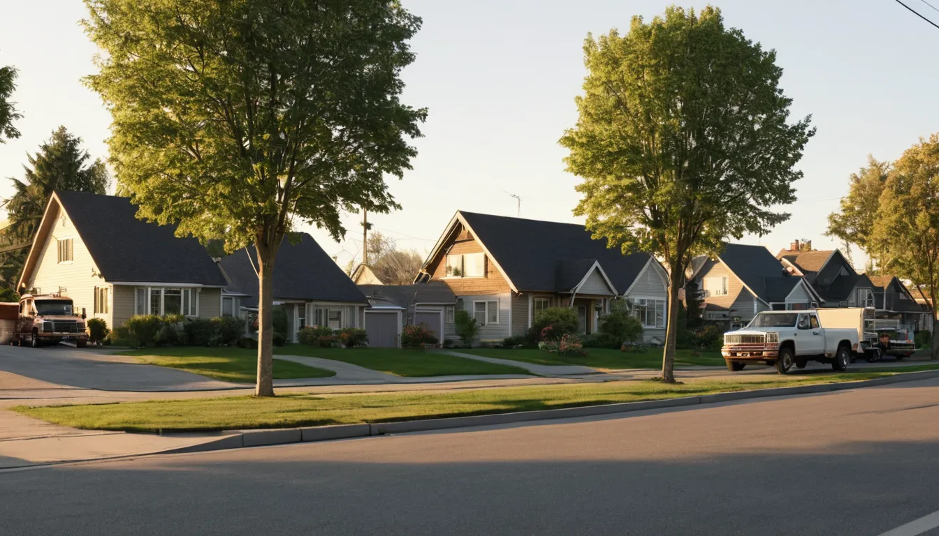A quiet residential street with older frame homes in Cahokia Heights